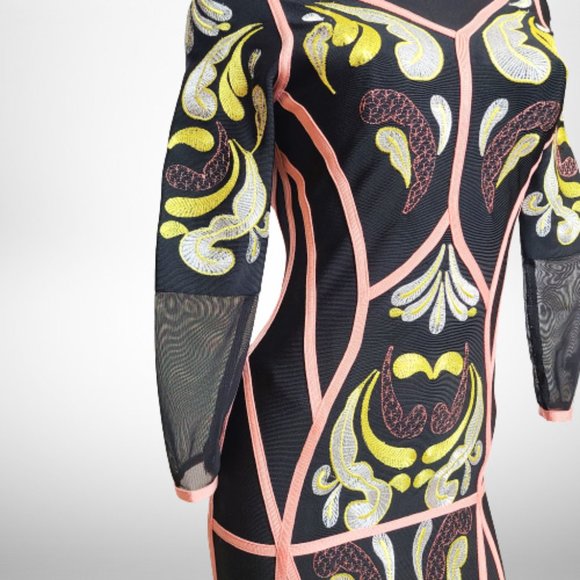 STUNNING HERVE LEGER FIT-AND-FLARE DRESS IN BUTTERFLY & PAISLEY JACQUARD - Picture 10 of 16